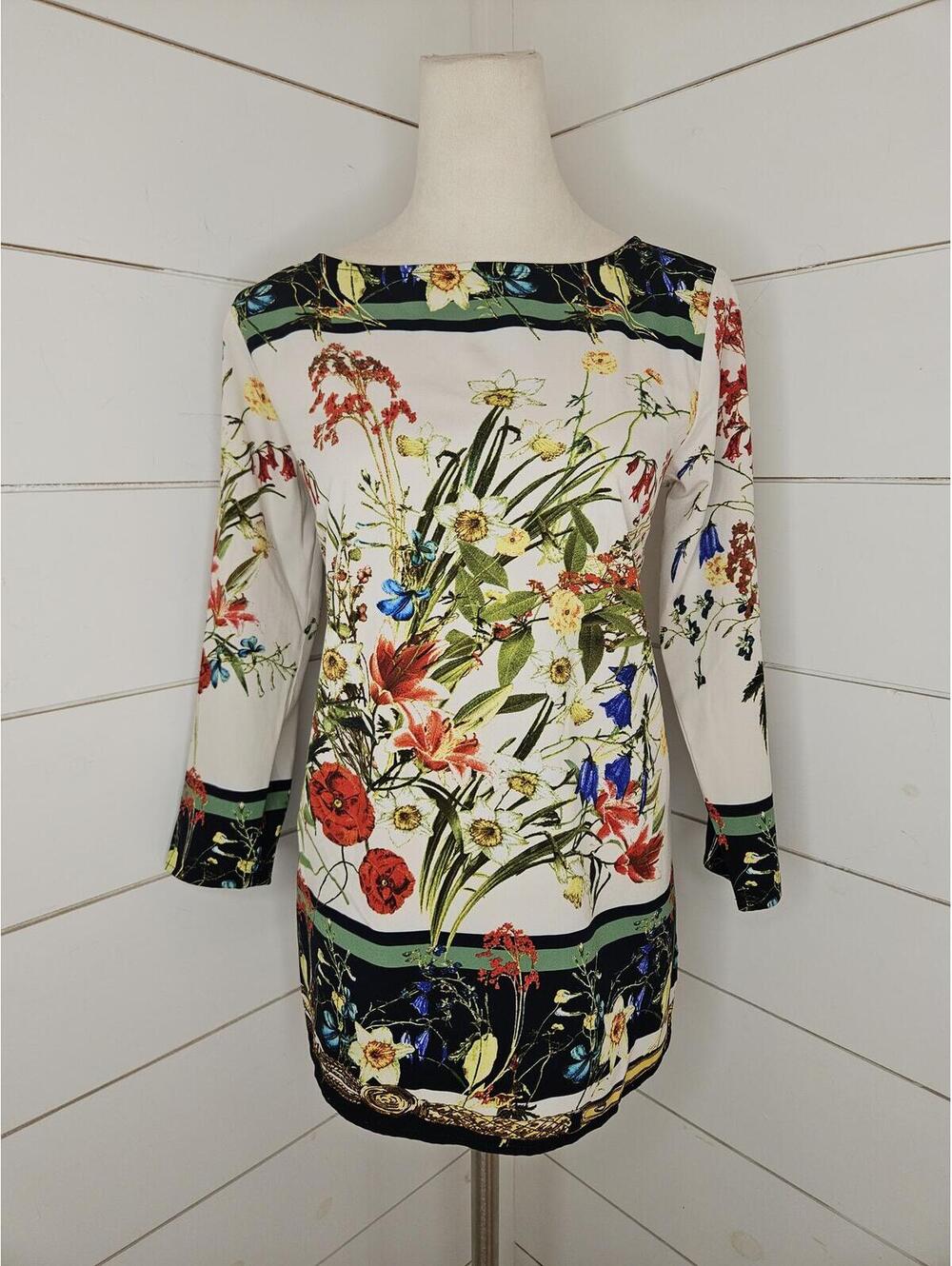 Linea size 8 white with multicolored floral long sleeve boat neck tunic